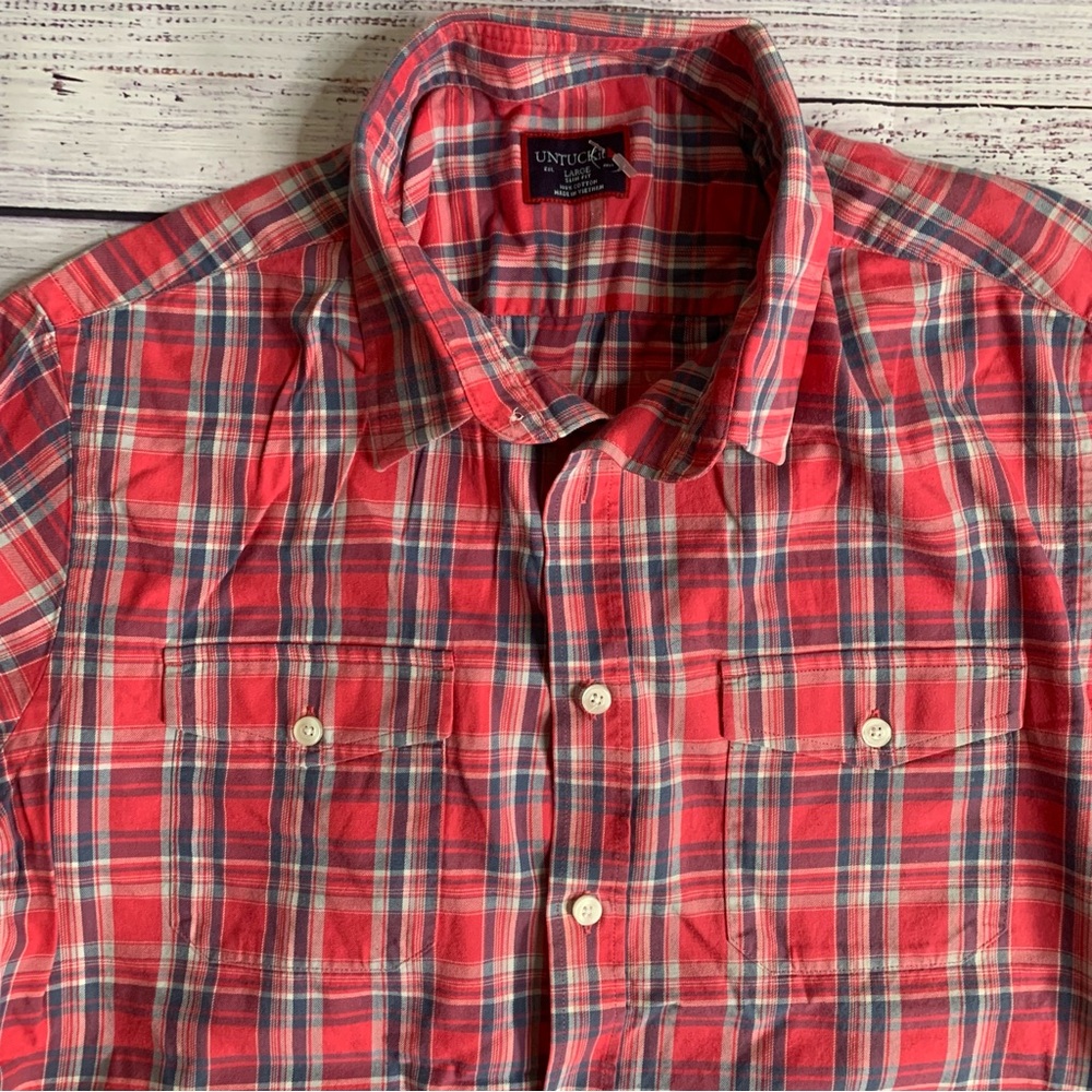UNTUCKit Mens Heritage Plaid Regular Fit Red Ojai Work Shirt Large